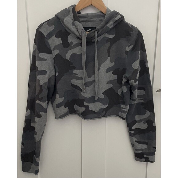 Hollister Girls Medium Boxy Black/Gray Camo Cropped Hoodie - Picture 4 of 9